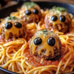 Spooky Halloween Spaghetti and Cheese Stuffed Meatballs