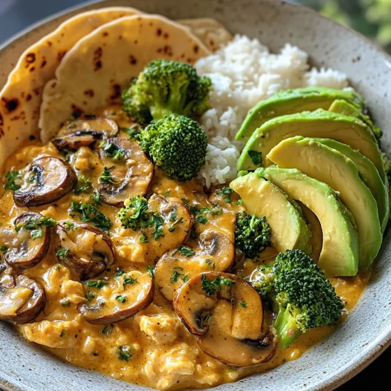 Creamy Chicken Curry with Golden Mushrooms, Rice & Warm Naan
