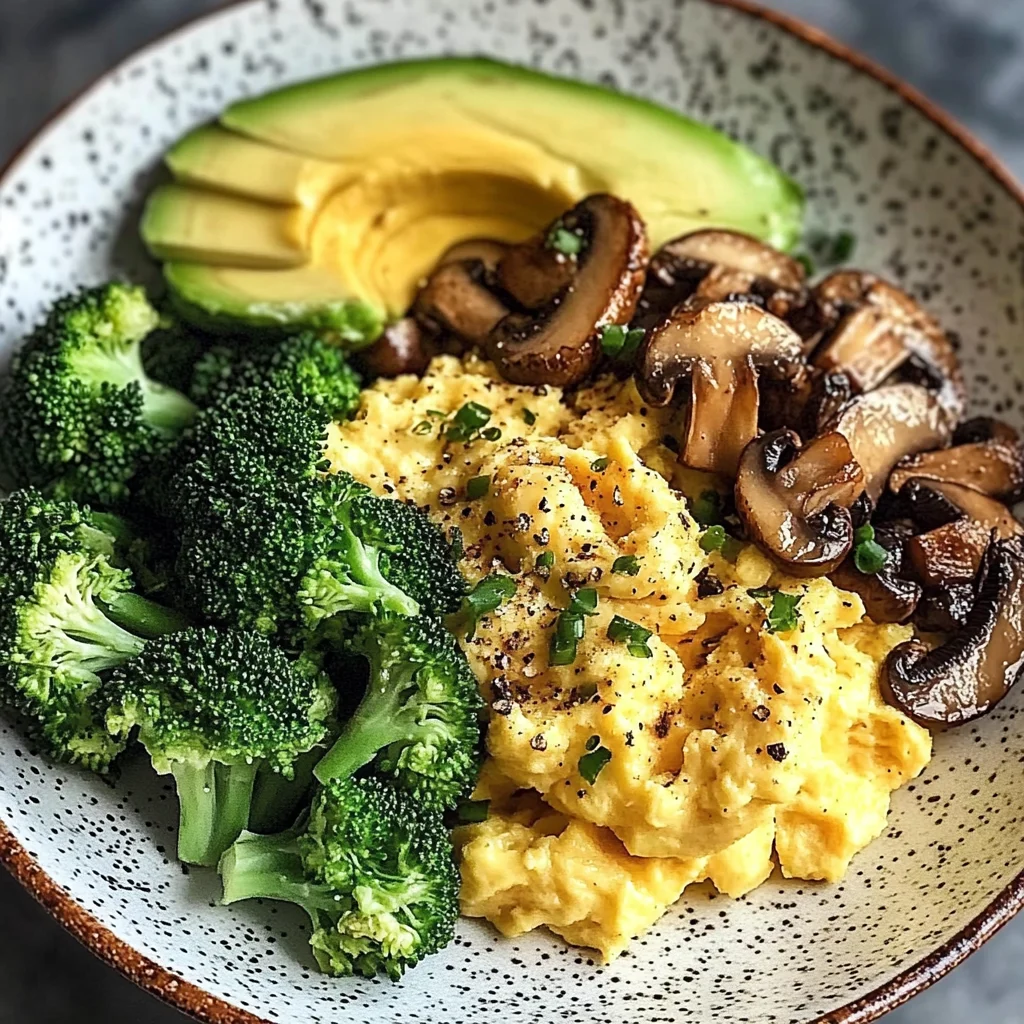 Creamy Scrambled Eggs with Avocado, Sautéed Mushrooms & Broccoli