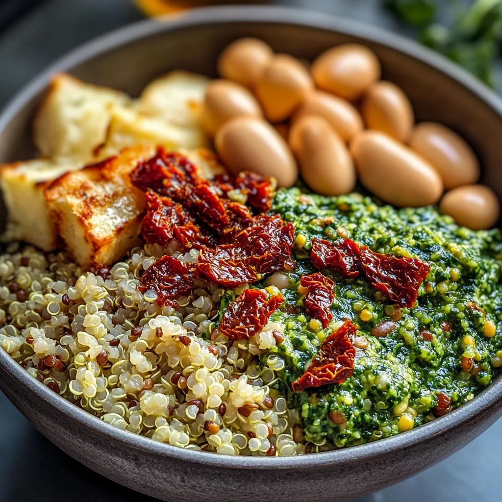 Spinach Pesto Butter Bean Lentil Quinoa Bowls with Sun-Dried Tomatoes
